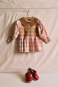 Hand smock blouse with crochet collar tapestry pink stripe