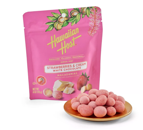 Hawaiian Host Valentine's Strawberries & cream White Chocolate Macadamias Stand Up Bag -4oz