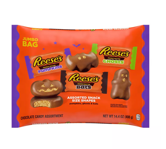 Reese's Peanut Butter Milk Chocolate Assorted Shapes Halloween Candy Jumbo Snack Size - 14.4oz