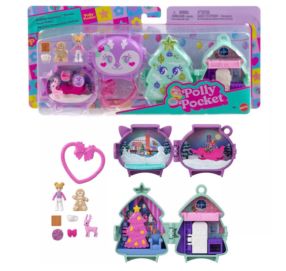 Polly Pocket Holiday Connects Bundle, Stackable Compact Playset