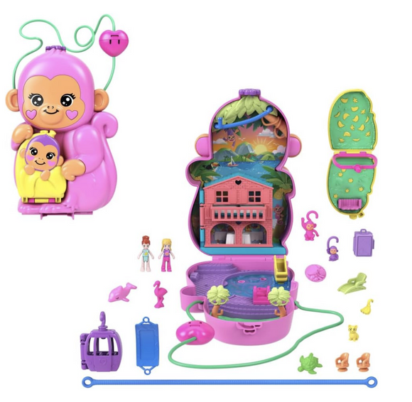 Polly Pocket Dolls & Playset with Pets & 13 Accessories, 2-in-1 Momma Monkey & Baby Wearable Purse