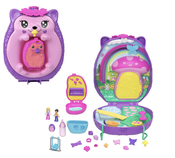 Polly Pocket 2-in-1 Travel Toy with 2 Micro Dolls and 16 Accessories, Hedgehog Purse