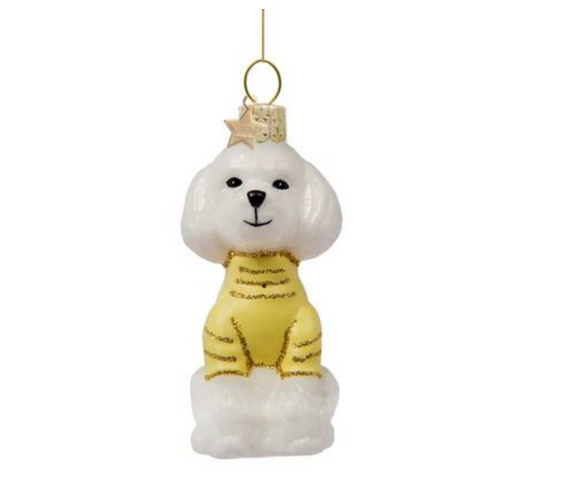 Ornament glass white poodle w/yellow t-shirt H8cm