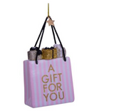 Ornament glass soft pink/ white striped giftbag H8,5cm