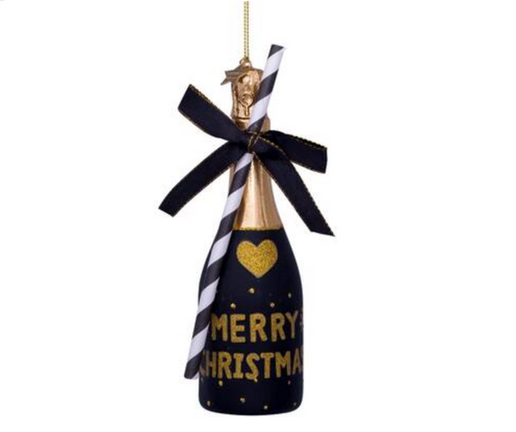 Ornament glass black champagne bottle H16cm