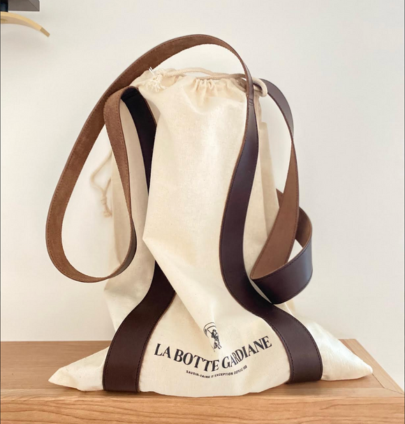 (SALE)Cotton and Brown leather strap shoulder bag